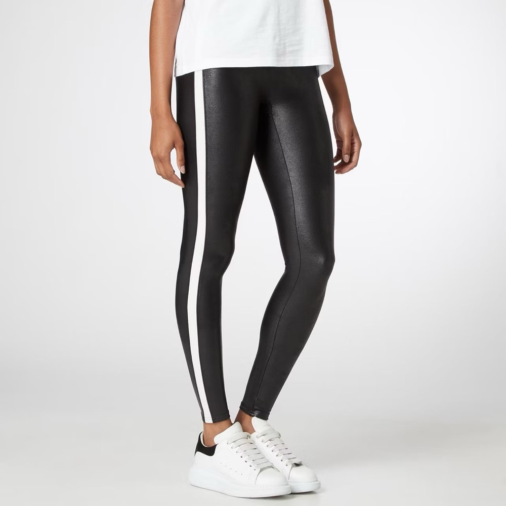 Spanx Black Faux Leather Leggings with White Stripes